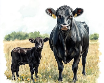 Cattle PNG, Cow and Calf, Beef cows PNG, Black Angus, digital download, Cow clipart, watercolor cow png, Farm clipart, Calf clipart 01
