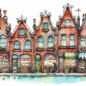 Quirky Whimsical Brick Row Houses Clipart Bundle 10 wysokiej rozdzielczości obrazów JPG Aquarell Junk Journaling Scrapbooking Card Making Digital Camper Pobierz