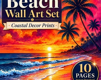 Tropical Sunset Beach Wall Art Set, Watercolor Ocean Printable, Coastal Decor Download, Summer Beach Prints JPG