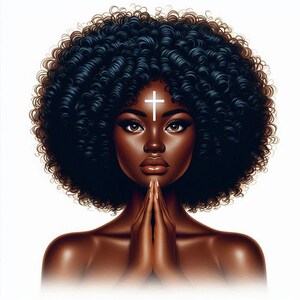 Black faith woman kneeling in prayer watercolor style