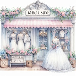 Lot de 10 images clipart de la boutique de la mariée, aquarelle haute résolution, pour la journalisation indésirable, scrapbooking, fabrication de cartes, téléchargement numérique, shabby chic, fantaisiste