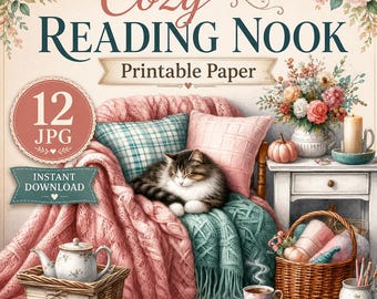 Cozy Reading Nook Printable Paper, Book Lover Cat Junk Journal Pages, Cottagecore Winter Room Watercolor JPG Set
