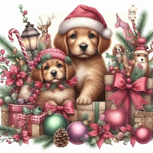 Pacote de Clip Art de Cachorrinho de Natal Shabby Chic/14 Aquarela JPG Diário de Scrapbooking Criação de Cartões Impressões Digitais Criação de Etiquetas Imprimíveis