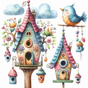 Lunatique original maison d'oiseau des cliparts 10 haute résolution Aquarell JPG Junk Journal Scrapbooking Carterie Téléchargement numérique Imprimable papier numérique