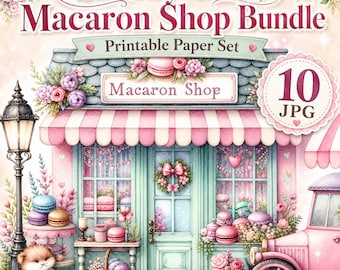 Shabby Chic Macaron Shop Digital Paper, Patisserie Cafe JPG Pages, Bakery Store Printable, Junk Journal Paper, Scrapbook Backgrounds