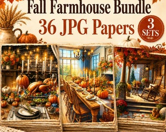 Fall Farmhouse Digital Paper Bundle, 3 Cozy Thanksgiving JPG Sets, Rustic Autumn Scrapbook & Junk Journal Pages