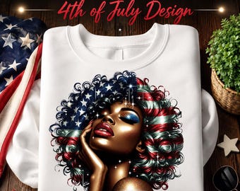 Mujer negra patriota PNG, diseño de camiseta Afro Girl para el 4 de julio, sublimación de la bandera de EE. UU. Melanin, chica negra PNG