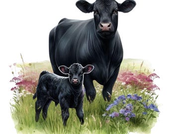 Cattle PNG, Cow and Calf Clip Art, Beef cows PNG, Black Angus, digital download,watercolor cow png, Farm clipart,dtf transfer sublimation 02