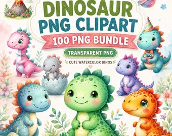 Può includere: Una grafica digitale con il testo DINOSAUR PNG CLIPART 100 PNG BUNDLE TRANSPARENT PNG CUTE WATERCOLOR DINOS circondata da varie illustrazioni ad acquerello di cuccioli di dinosauro, un vulcano, un pianeta e fiori.
