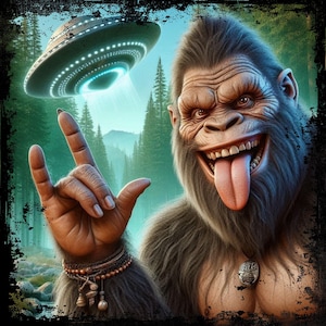 Bigfoot and UFO PNG - Funny Alien Encounter Digital Design - Rock On Sasquatch Sublimation Graphic, Bigfoot and UFO Clipart,Bigfoot Wall Art