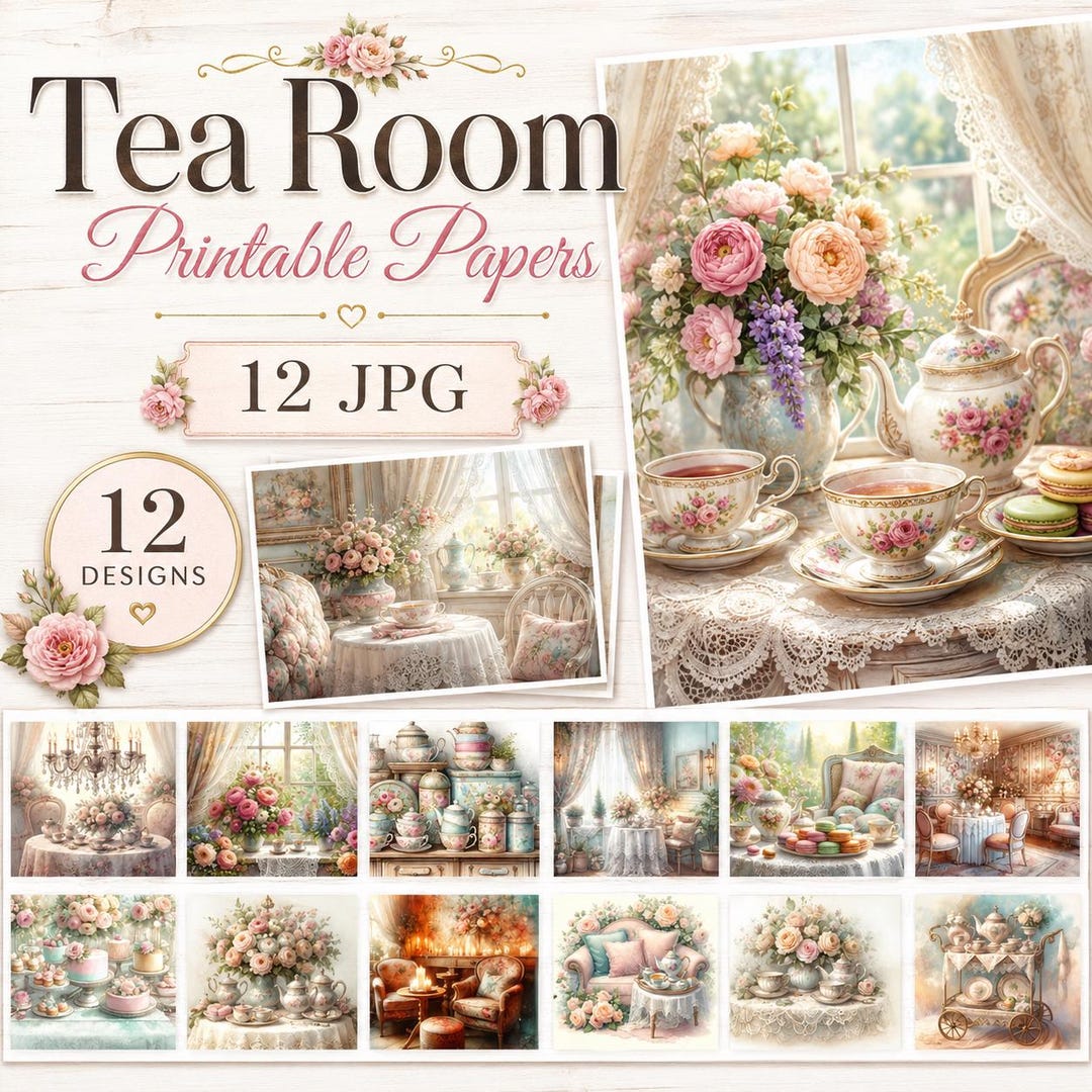 Tea Room Junk Journal Pages, Shabby Chic Tea Party Printable Paper JPG ...