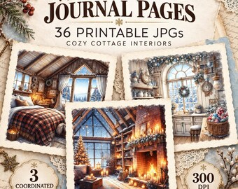 Winter Junk Journal Pages Bundle, 36 Printable JPGs, Cozy Cottage Interiors Digital Paper