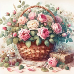 Lot de 12 cliparts shabby chic, panier de roses sauvages/JPG aquarelle haute résolution/Journal indésirable/scrapbooking/fabrication de cartes/papier imprimable numérique