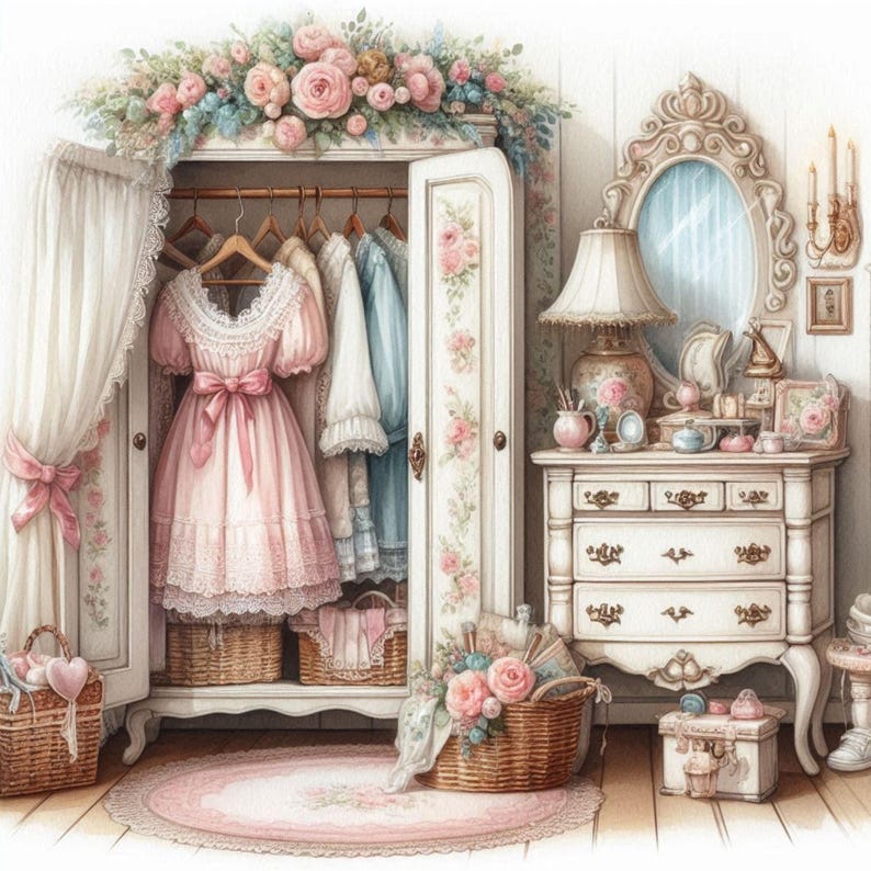 Shabby Chic Wardrobe Clipart Bundle, 10 Watercolor JPG Interiors ...