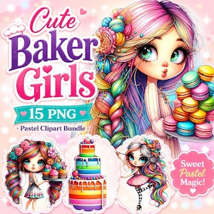 Schattige bakker meisje clipartbundel, grillige bakken meisjes png, cake cupcake donut dessert karakters, plakboek sticker sublimatie-graphics