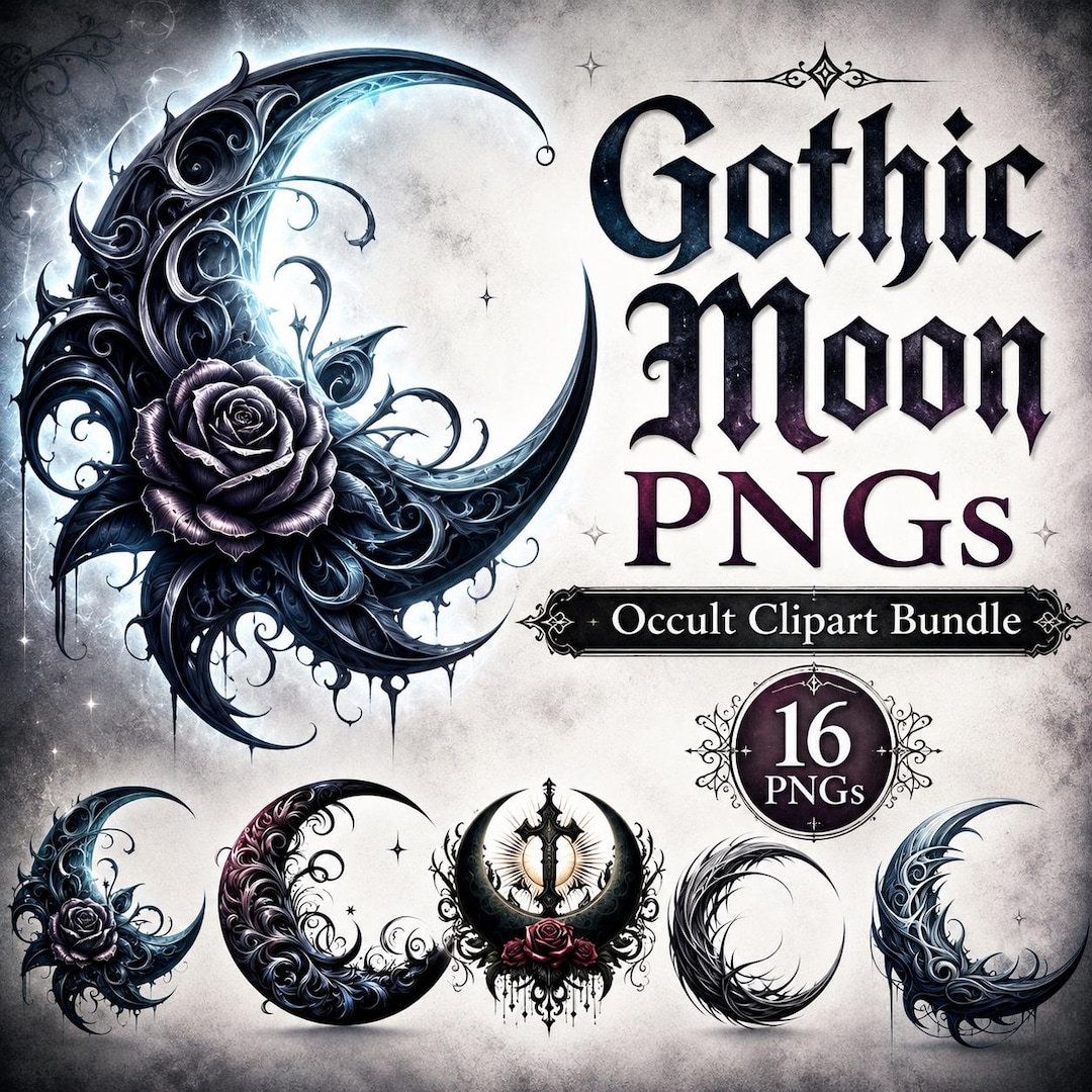 Gothic Crescent Moon PNG Clipart Bundle, Black Moon Phase Graphics ...