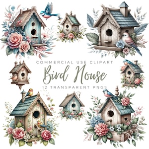 Domek dla ptaków Akwarela Shabby Chic clipart/12 Wysokiej jakości plik cyfrowy PNG/grafika do druku/Ilustracja do scrapbookingu/projekt sublimacji