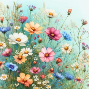 Shabby Chic Summer Wildflowers Meadow Clip Art Bundle 10 Watercolour JPG Junk Journal Scrapbooking Digital Paper Prints Creation Printables