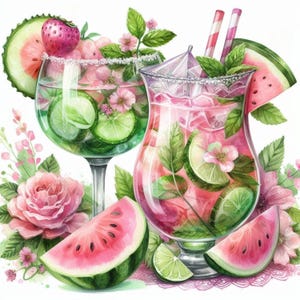 Shabby Chic Pink Green Cocktail Clip Art Bundle 12 Watercolor JPG Junk Journal Scrapbooking Card Making Digital Paper Creation Printables