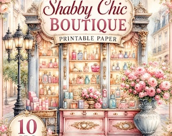 Shabby Chic Boutique Printable Papers, Romantic Storefront Watercolor JPGs, Feminine Junk Journal Backgrounds, Coquette Scrapbook Pages