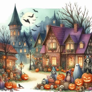 Pacote de Clip Art de Vila de Halloween/14 JPGs de aquarela de alta resolução/Diário de sucata, Scrapbooking, Criação de cartões, Impressões digitais, Criação de imprimíveis