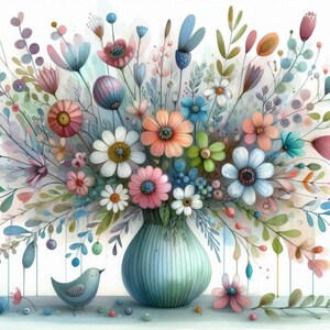 Flowers in a vase Clipart Bundle 10 High Res Watercolour JPGs for Junk Journaling Scrapbooking Crafting Digital Download Whimsical Quirky 01