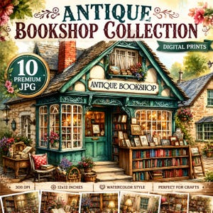 Antique Bookshop Printable Papers, Vintage Library JPG Set for Junk Journals, Scrapbooking & Book Lover Crafts