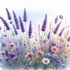 Pacote de Clip Art de Flores Silvestres de Lavanda/11 JPGs de Aquarela de Alta Resolução, Papel para Scrapbook, Criação de Cartões, Impressões Digitais, Imprimíveis