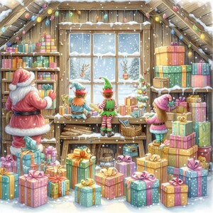 May include: A whimsical illustration of Santa Claus and elves in a workshop filled with wrapped gifts. The scene includes a snowy window, shelves stacked with presents, and colorful string lights, evoking a festive holiday atmosphere.