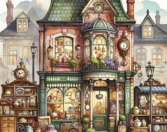 Quirky Antique Shop Clipart Bundle-Watercolor JPGs/Vintage Store Front/Shabby Chic Junk Journal Art/Printable Scrapbooking/Digital Download