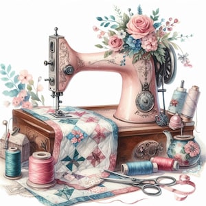 Shabby Chic Sewing Machine with a Quilt on it Clip Art Bundle 10 Watercolour JPG Junk Journal Scrapbook paper Card Making Digital Prints Tag