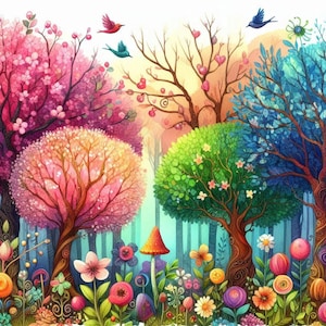 Ensemble lunatique de cliparts colorés forêt/10 haute résolution aquarelle JPG Junk Journal Scrapbooking fabrication de cartes téléchargement numérique
