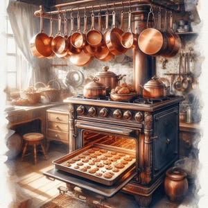 May include: An antique kitchen scene featuring a copper stove with an open oven displaying a tray of cookies. Copper pots and pans hang above the stove. The kitchen has a rustic, vintage aesthetic with warm lighting and a cozy atmosphere.