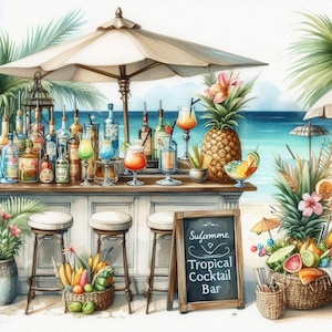 Paquete de 12 imágenes prediseñadas de barra de cócteles tropicales estilo shabby chic, con acuarela, para scrapbooking, creación de tarjetas, papel digital, imprimibles