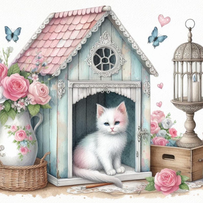 Shabby Chic Cat House Clipart Bundle, 10 Watercolor Jpgs for Junk ...