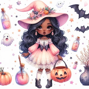 Black Girl Halloween Pastel Clipart, Cute Afro Whimsical Girl, Printable Watercolor, High-Quality JPG, Paper Craft, Junk Journal Craft print