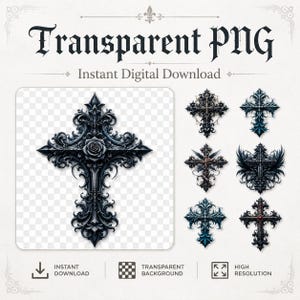 May include: A digital collection of seven ornate cross graphics featuring intricate filigree details and dark gothic aesthetics. One large central cross displays a prominent rose at its intersection, while six smaller variations show diverse designs.