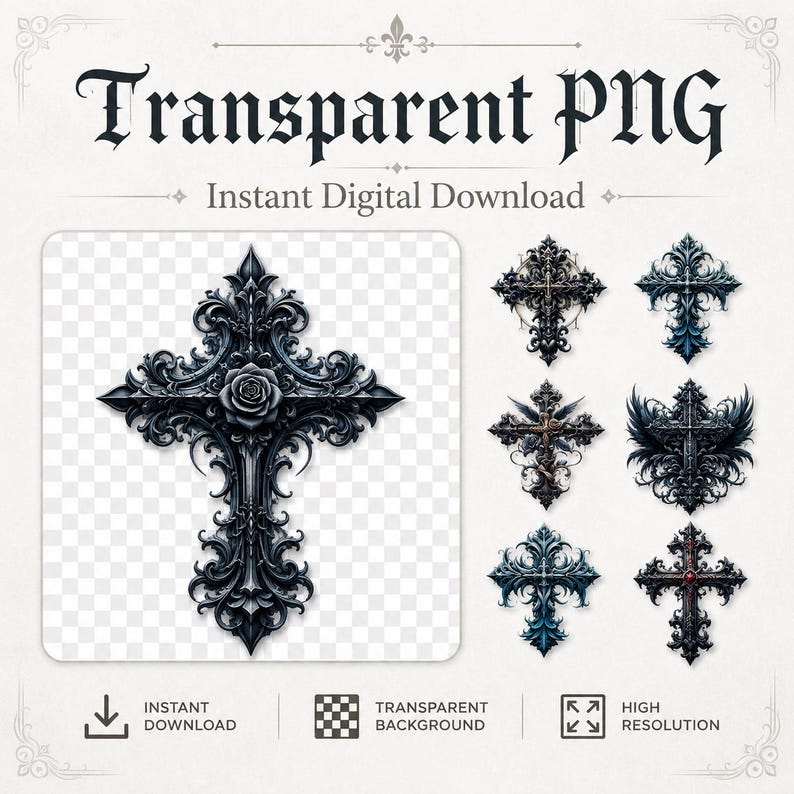 May include: A digital collection of seven ornate cross graphics featuring intricate filigree details and dark gothic aesthetics. One large central cross displays a prominent rose at its intersection, while six smaller variations show diverse designs.
