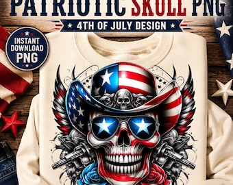 Patriotic Skull PNG, American Flag Skull Shirt Design, 4th of July Sublimation, Veteran Biker DTF Graphic