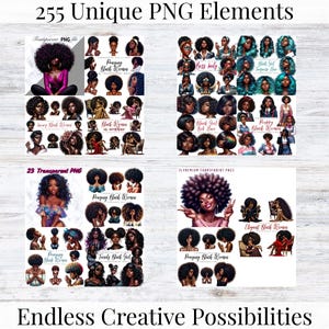 May include: A digital art collection featuring 255 unique PNG elements. The image showcases various illustrations of Black women with diverse hairstyles and attire. Text includes "255 Unique PNG Elements" and "Endless Creative Possibilities."