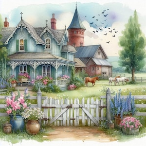 Lot de 10 cliparts de ferme Shabby Chic numérique, journal aquarelle JPG indésirable, papier de scrapbooking, fabrication de cartes, impressions, création d'étiquettes, imprimables