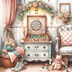 Pacote de Clip Art Shabby Chic Game Room 10 Aquarela JPG Junk Journal Papel para Scrapbook Criação de Cartões Impressões Digitais Criação de Etiquetas Imprimíveis