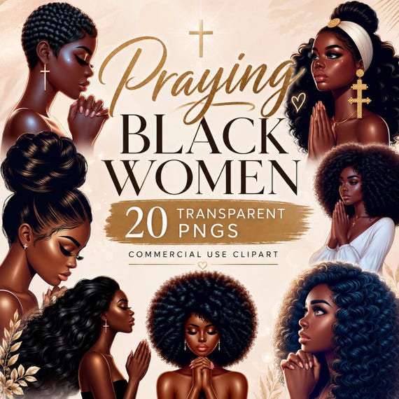 Black Girl Praying Clipart Bundle PNG – African American Faith Prayer Woman Art for Christian Planners, Journals, Devotionals & Scrapbook