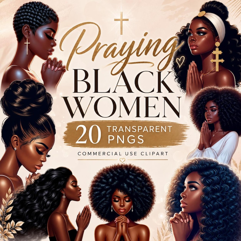 Black Girl Praying Clipart Bundle PNG – African American Faith Prayer Woman Art for Christian Planners, Journals, Devotionals & Scrapbook image 1