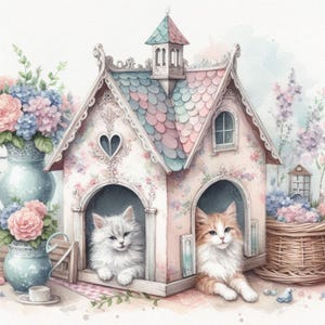 Lot de 10 cliparts shabby chic maison de chat aquarelle JPG de haute qualité pour la journalisation indésirable, travaux manuels en papier de scrapbooking imprimables téléchargement numérique