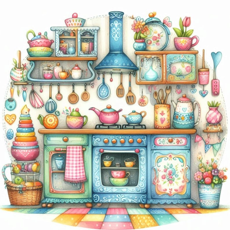 Whimsical Kitchen Printable Images, 10 Colorful JPG Graphics for Recipe ...