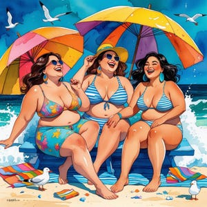 Pakiet Quirky Curvy Ladies in the Beach Clip art/12 wysokiej rozdzielczości akwareli JPG/Junk Journal Scrapbook Card Making Digital Downloadable Summer