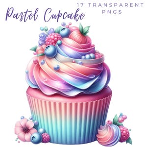 Lot de 17 cliparts cupcake pastel/17 PNGs premium de haute qualité/téléchargement numérique, fabrication de cartes, techniques mixtes, conception aquarelle, utilisation commerciale DTF