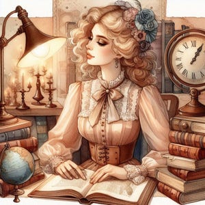 Vintage Bookish Woman Clip art Bundle 10 ad alta risoluzione acquerello JPEG Junk Journal Scrapbooking Download digitale Artigianato di carta Creazione di biglietti Stampa