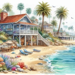 Maison de plage côtièreClipart Bundle/10 JPG aquarelle/Journal indésirable/Scrapbooking/Fabrication de cartes/Papier numérique/Imprimables/Art numérique/Téléchargeable